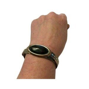 Vtg Retro Silver Copper Braided ART DECO Black Onyx Goth Hinged Cuff Bracelet